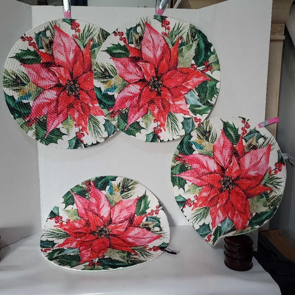 Rachel Ashwell Farmhouse Placemats Poinsettia 100% Cotton Set Of 4  Christmas